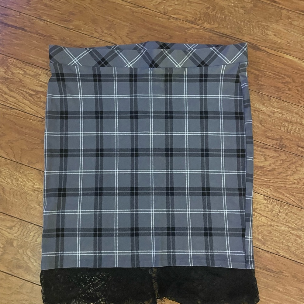 Torrid Blue Plaid Pencil Skirt with Black Lace